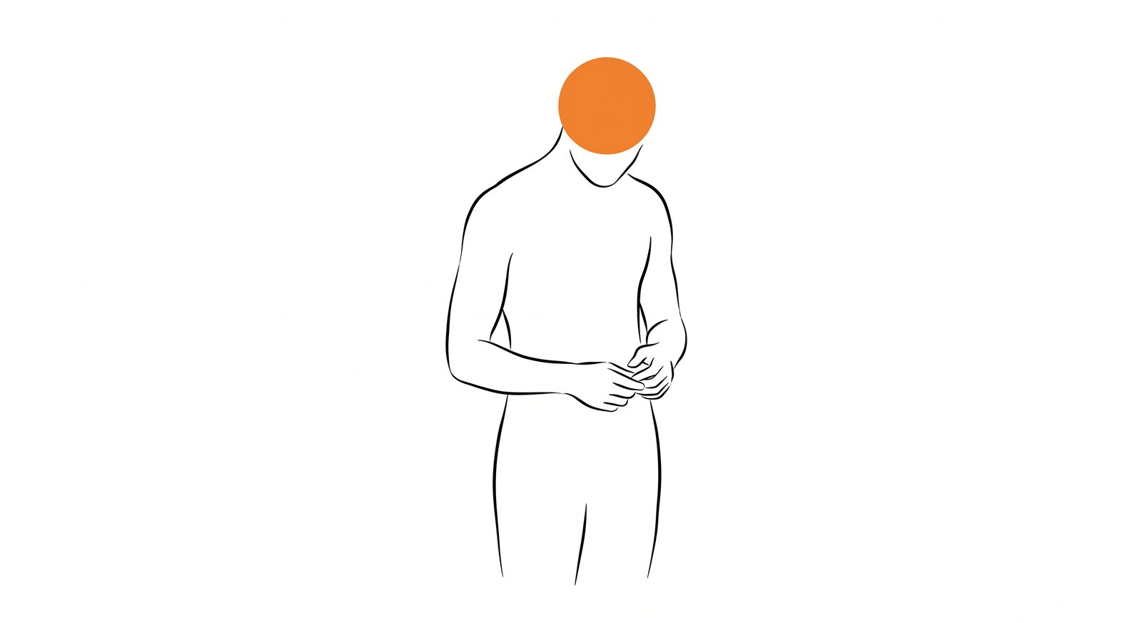 A man at a kitchen counter, hands clasped at his stomach, quiet caring presence