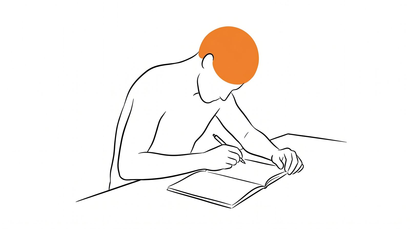 A man leaning over an open notebook, pen in hand, reflective