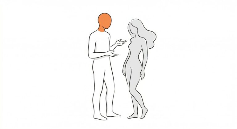 A couple standing facing each other in conversation, gesturing
