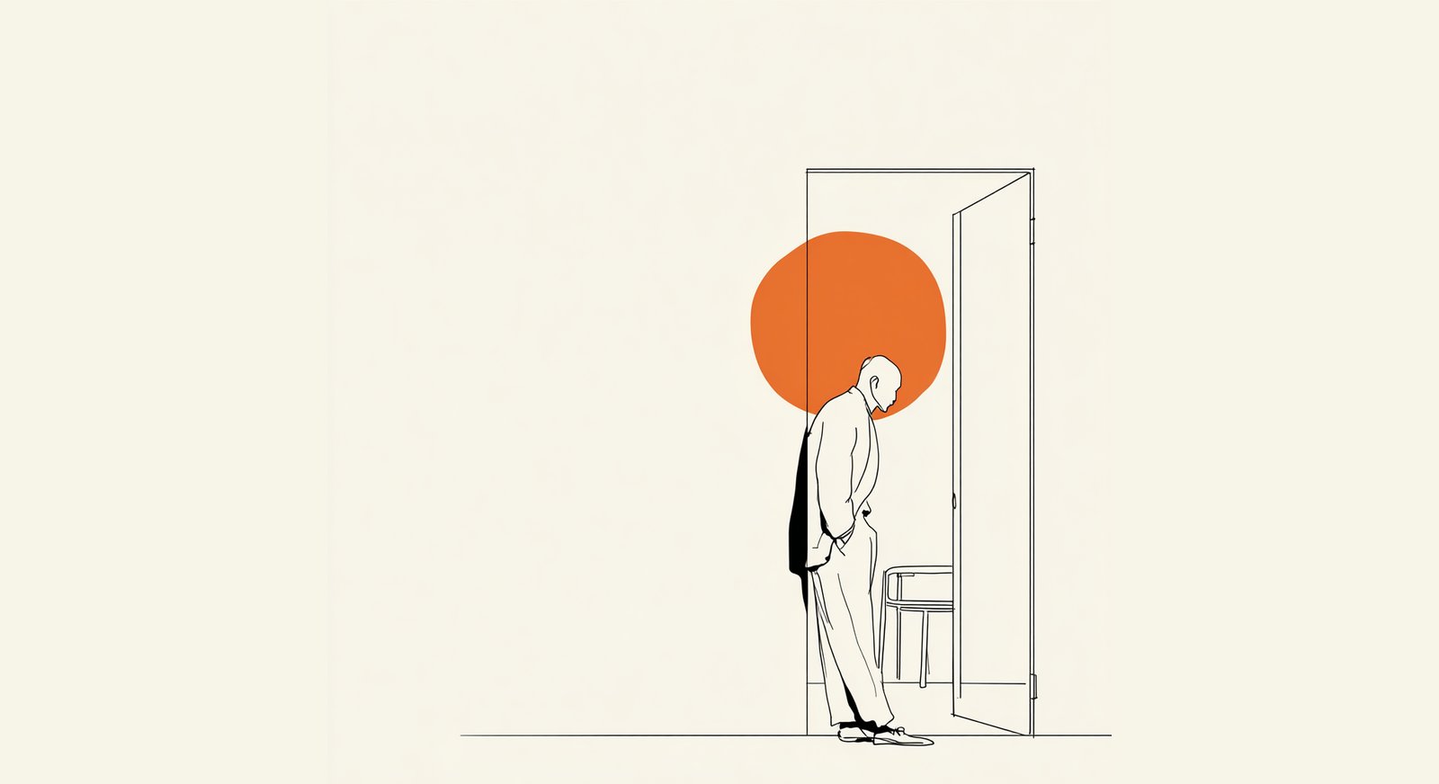 A man pauses in an open doorway, head slightly bowed, hand in pocket - the 90-second read before re-entering the room.