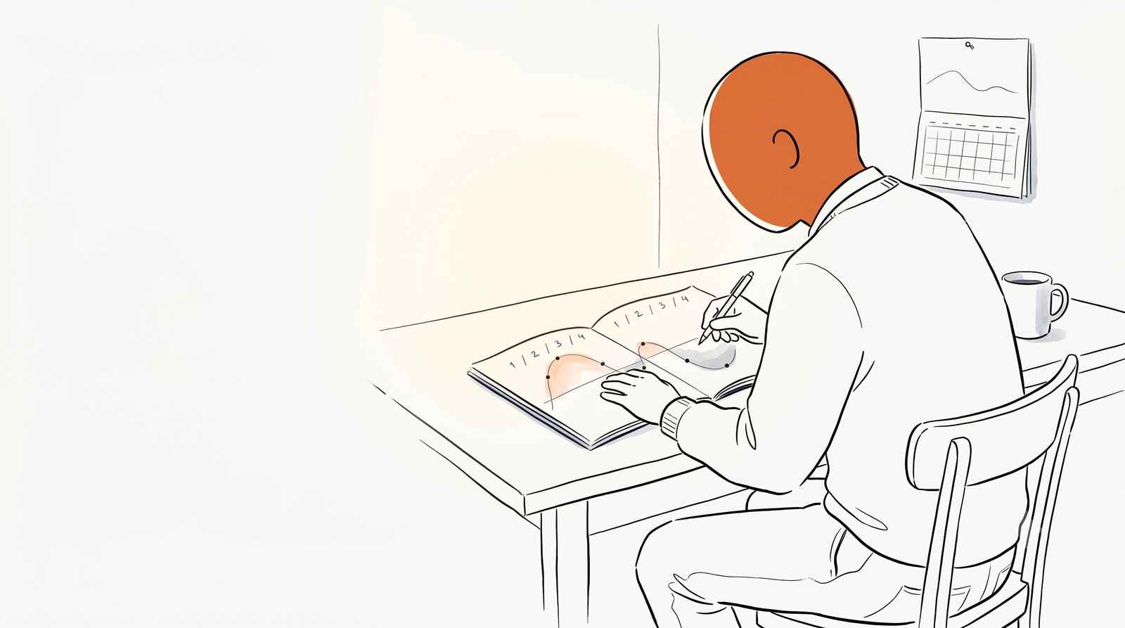 Faceless male figure at a wooden desk leaning over a notebook with a hand-drawn menstrual cycle curve — a partner's week-by-week map of how hormones shape mood.