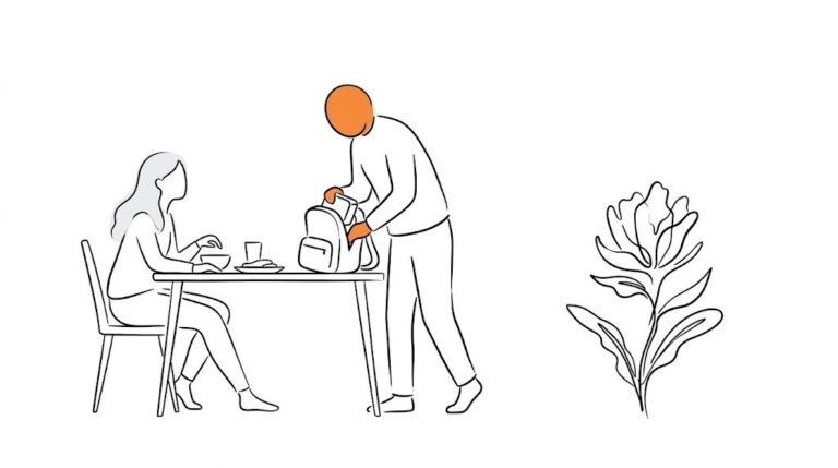 A father packs his teenage daughter's backpack while she eats breakfast at the kitchen table — quiet morning fatherhood, the steady presence behind the mood swings.