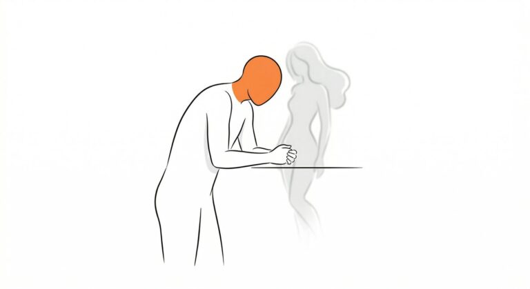 A man leans forward on a table with his hands clasped, head bowed; behind him a faint figure stands turned away — the moment of giving her space without disappearing the connection.