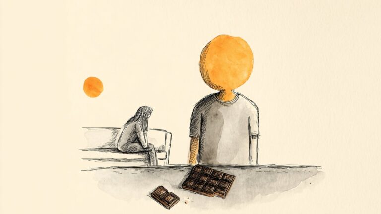 A man notices the half-eaten bar of dark chocolate on the kitchen counter while his partner sits curled on the couch — the quiet moment of a premenstrual craving