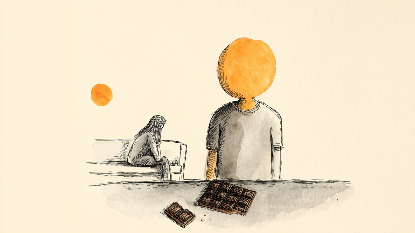 A man notices the half-eaten bar of dark chocolate on the kitchen counter while his partner sits curled on the couch — the quiet moment of a premenstrual craving