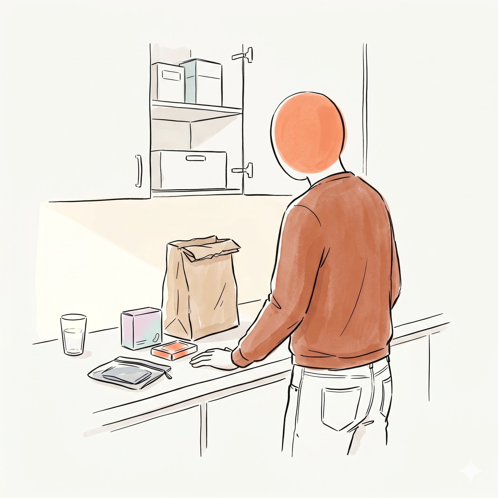 Father at kitchen counter with grocery bag and stocking items — preparing what to stock at home before daughter's period.