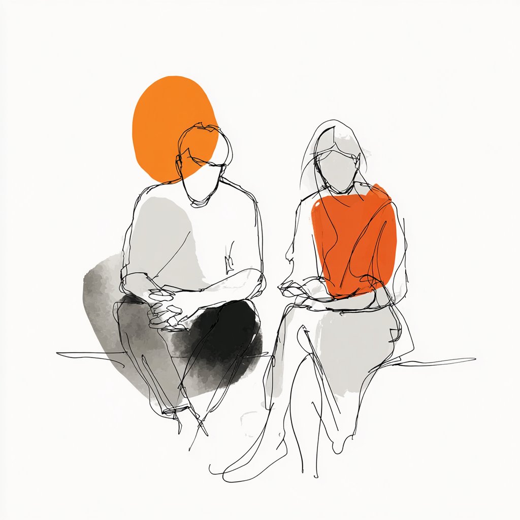 Couple sitting side by side, both looking down, not touching — quiet presence over fixing.