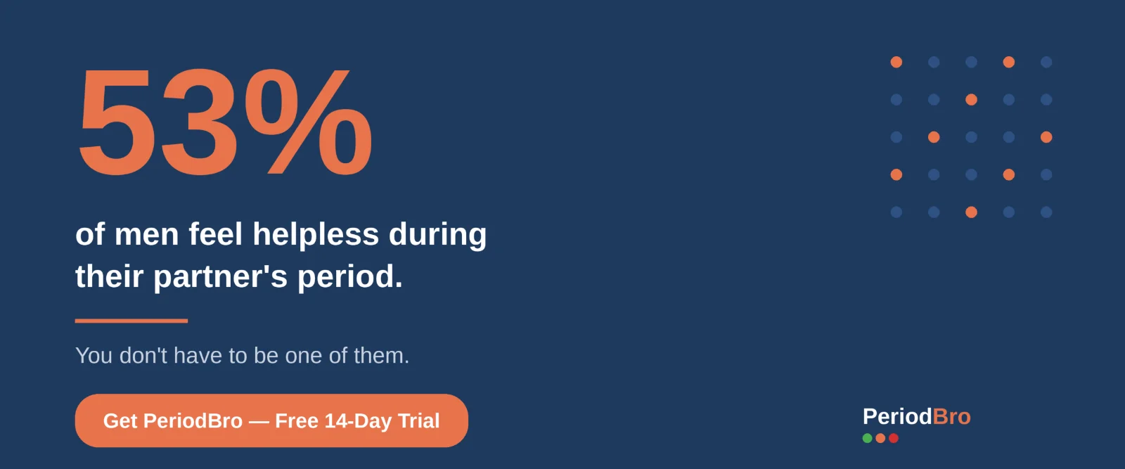 53% of men feel helpless during their partner's period. Try PeriodBro.