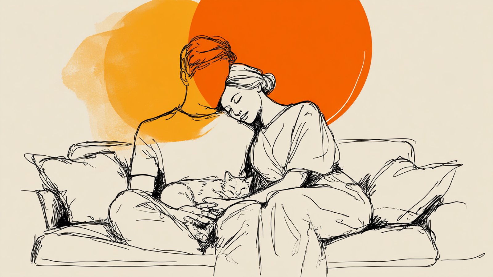 A couple resting together on a couch with a sleeping cat, cozy hand-drawn line illustration