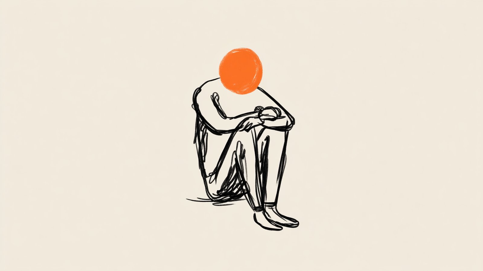 A man sitting with his head down on his knees, conveying the heavier weight of PMDD versus ordinary PMS.