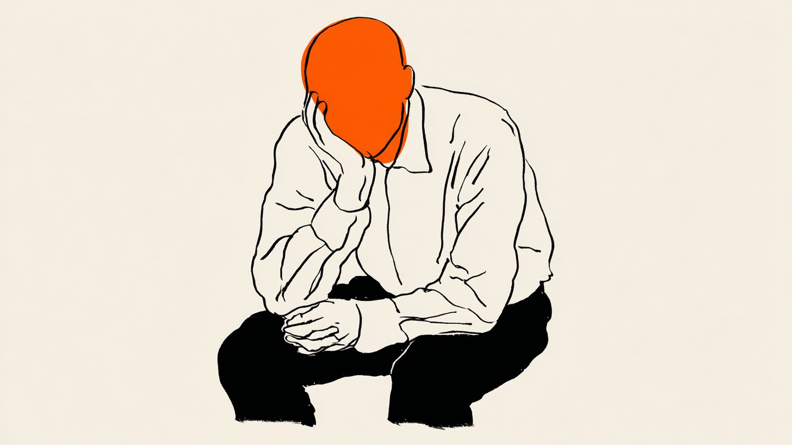 A man sitting quietly with his hand to his head, learning to stop apologizing when she goes quiet.