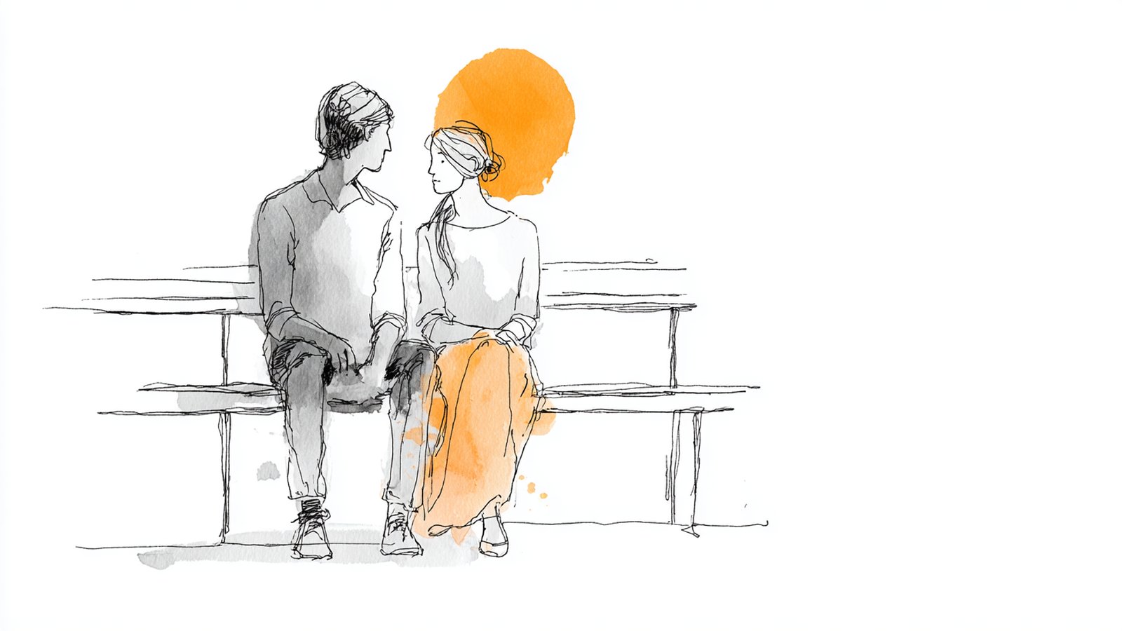 A couple talking on a bench, modeling what to say when she has PMS - leading with the feeling, not the fix.