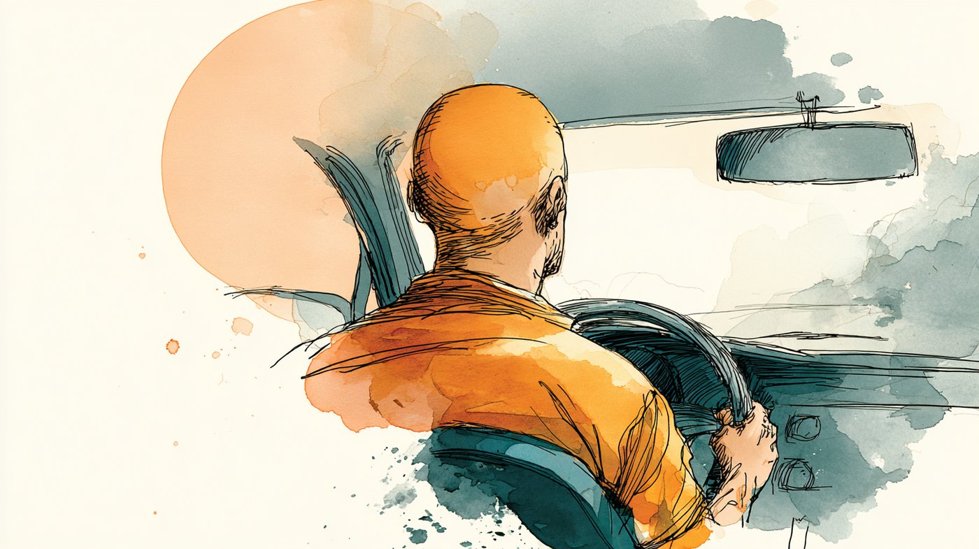A dad sitting in a parked car with his hands on the wheel