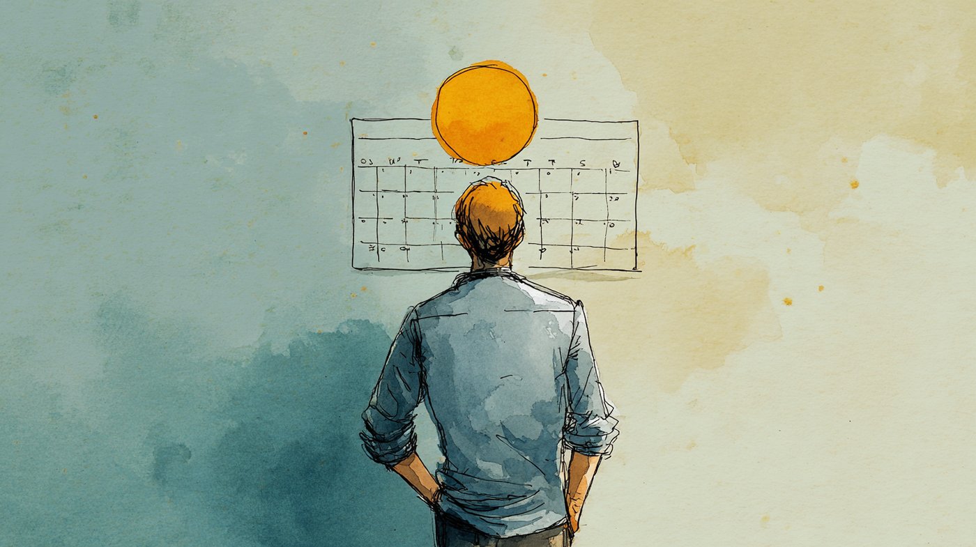 A dad facing a wall calendar with one cycle day circled