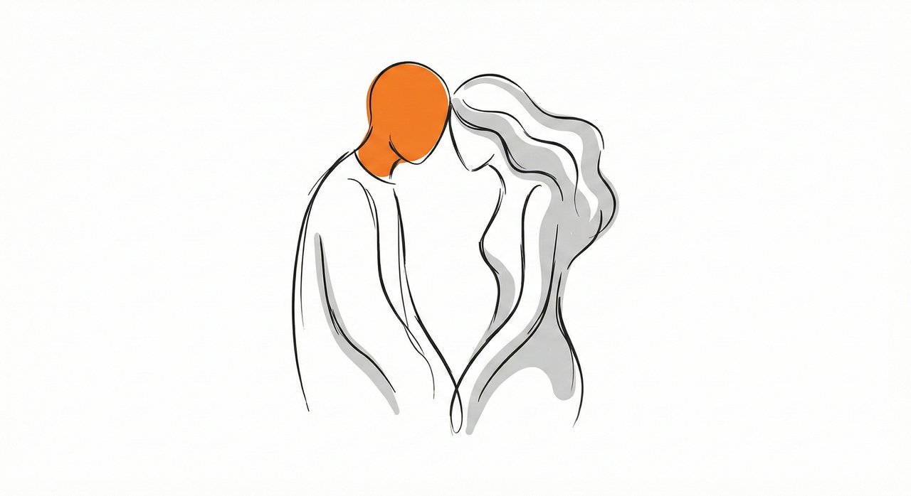 A partner standing close, forehead to forehead, offering calm presence while they wait