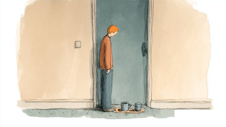 Partner leaving a care tray with tea and a hot water bottle outside a closed door during her period flu days