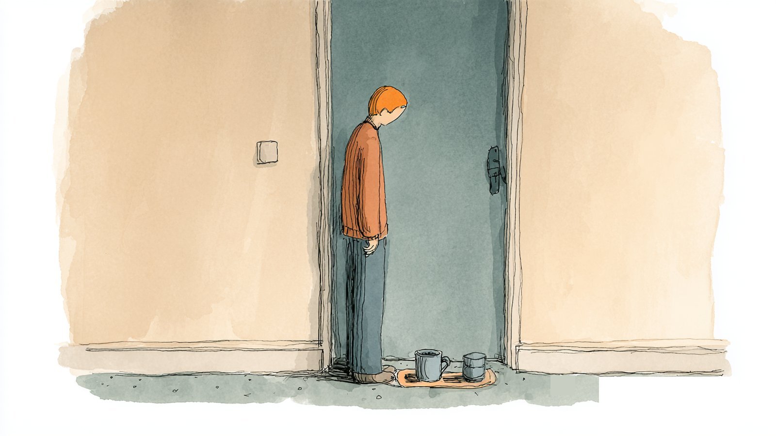 Partner leaving a care tray with tea and a hot water bottle outside a closed door during her period flu days