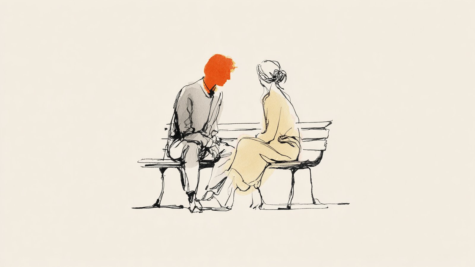 Is her period pain normal - partner and woman talking seriously on a bench, hand-drawn line illustration