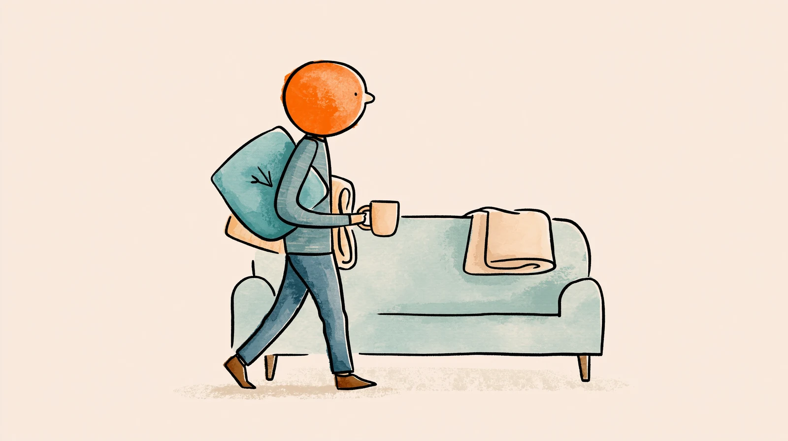 Partner carrying a heating pad and warm mug to help with period back pain