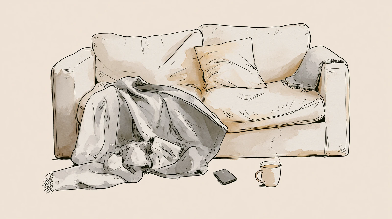 Rumpled couch with blanket and mug, period back pain morning still life