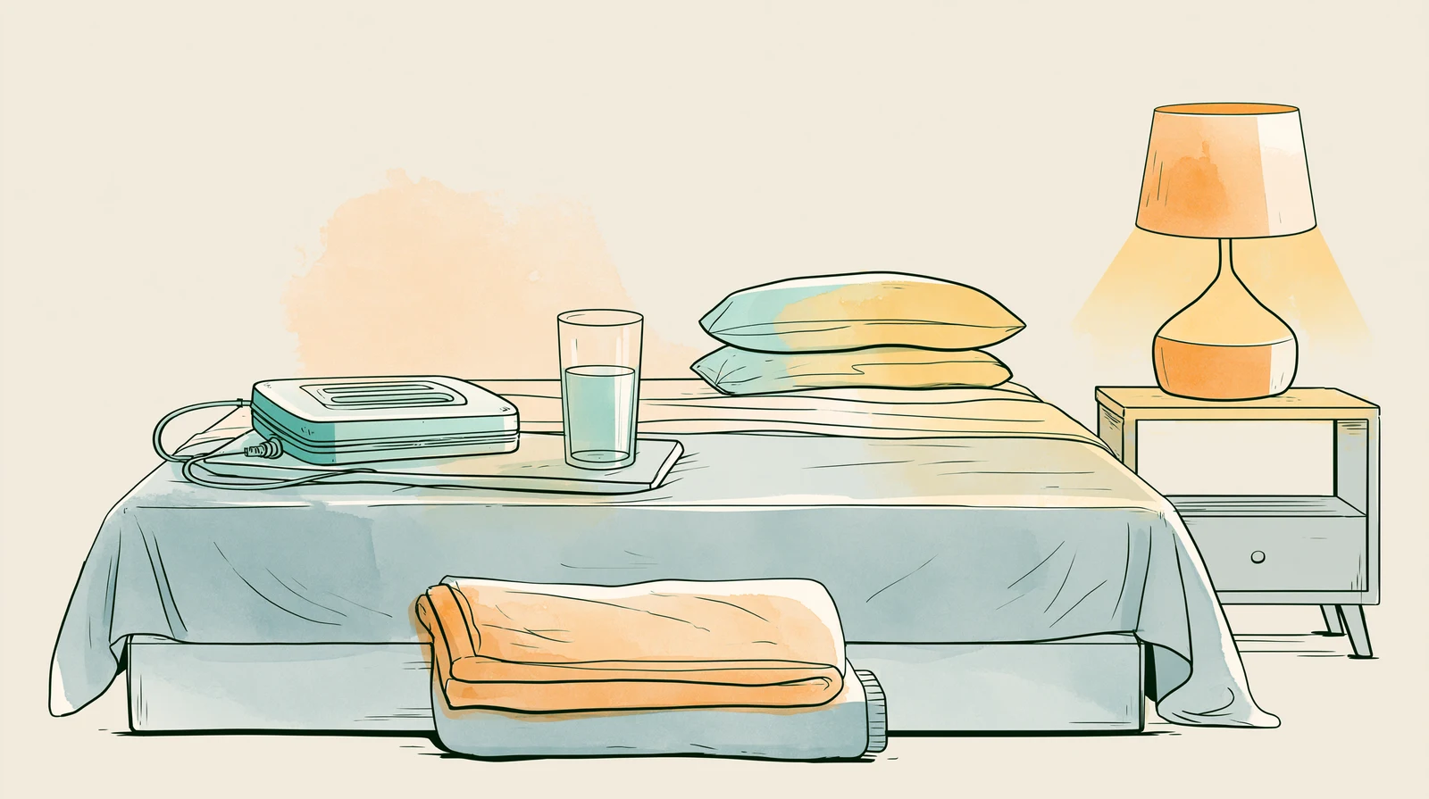 Bedside set up with heating pad and water for period back pain at night
