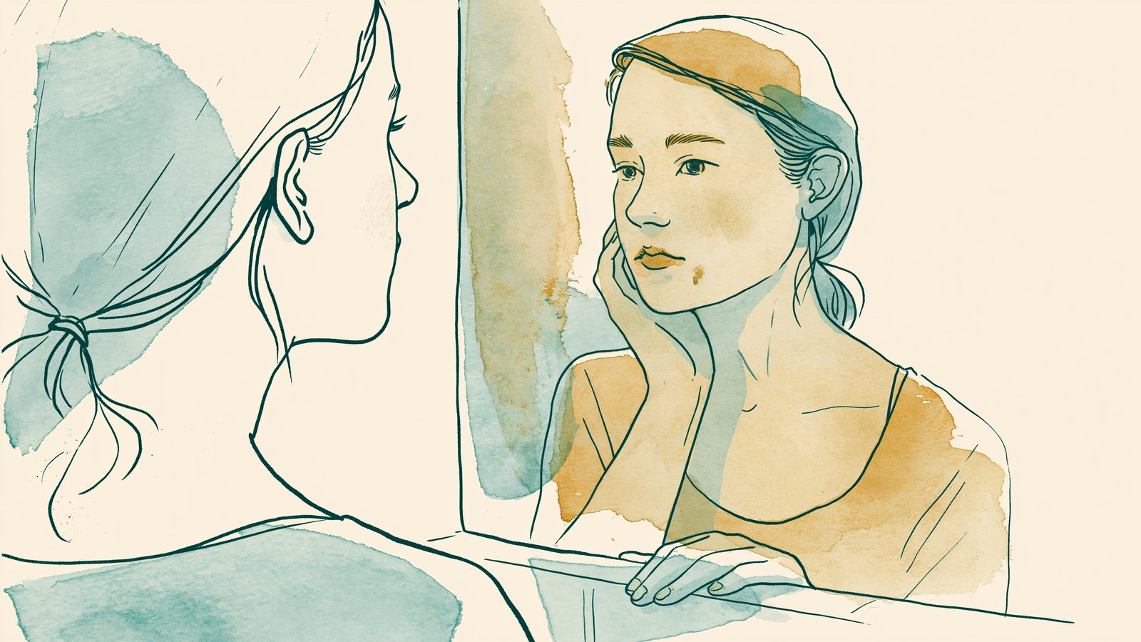 A woman at her bathroom mirror frustrated by period acne on her jaw before her period