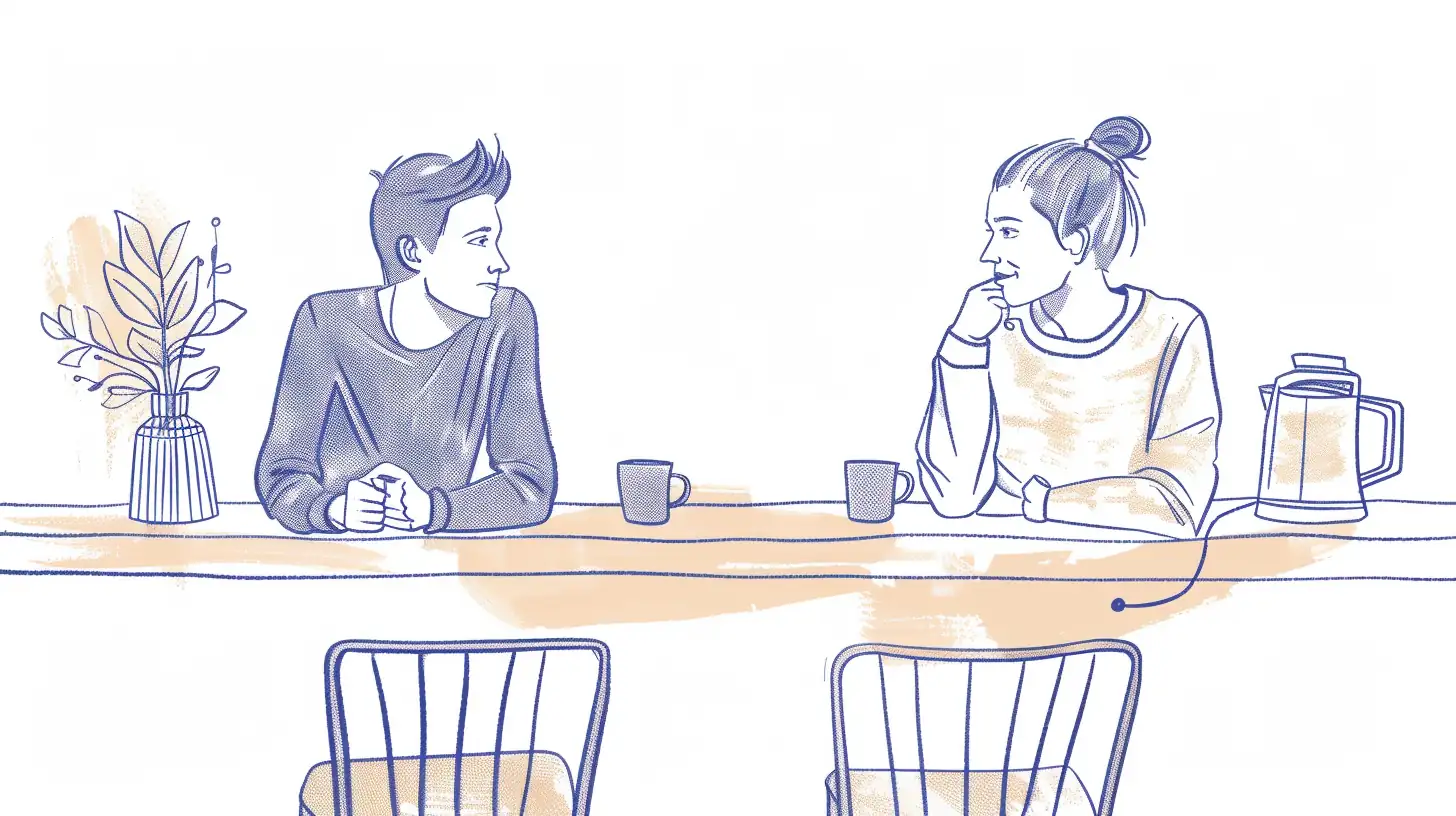 A man and a woman in late-evening light at a kitchen island, mid-conversation - a partner perspective on period sex