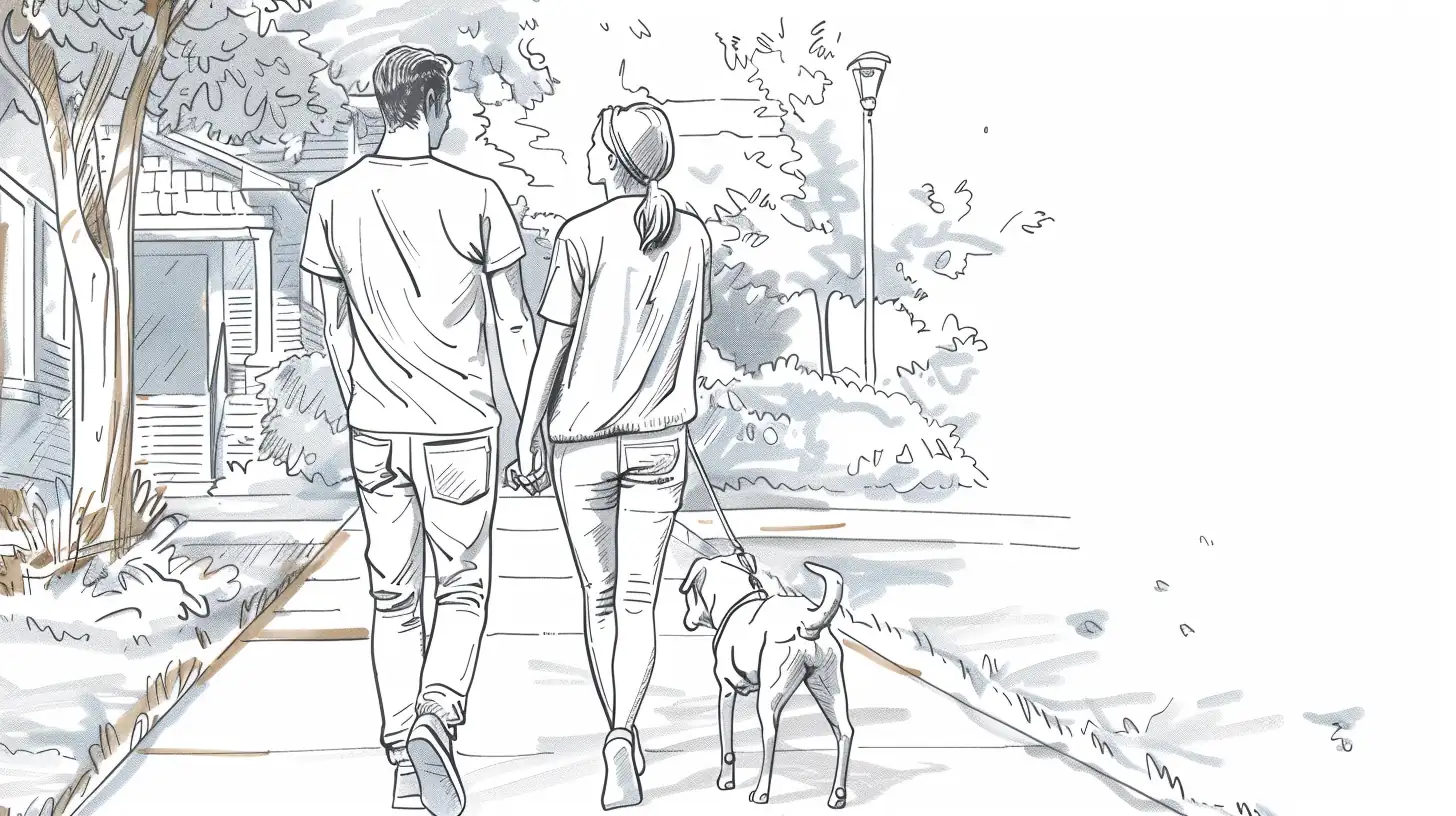 A man and a woman walking a dog at dusk in casual conversation - the right setting to ask the period sex question without pressure