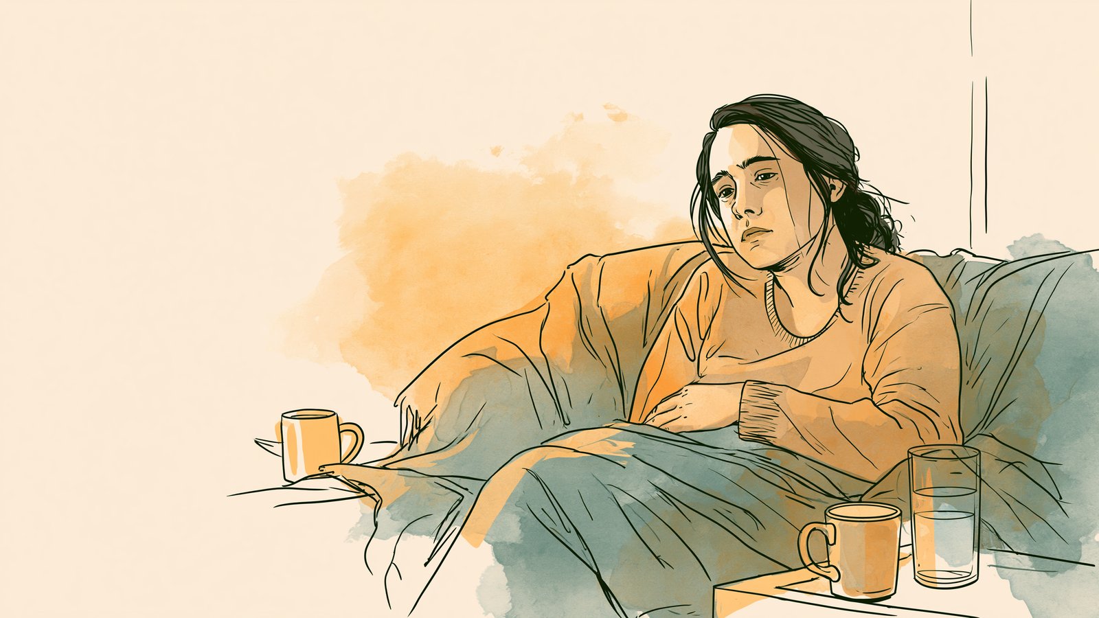 Period diarrhea: a woman resting on the couch with a hand on her stomach, a mug of tea and water nearby, tired but composed.