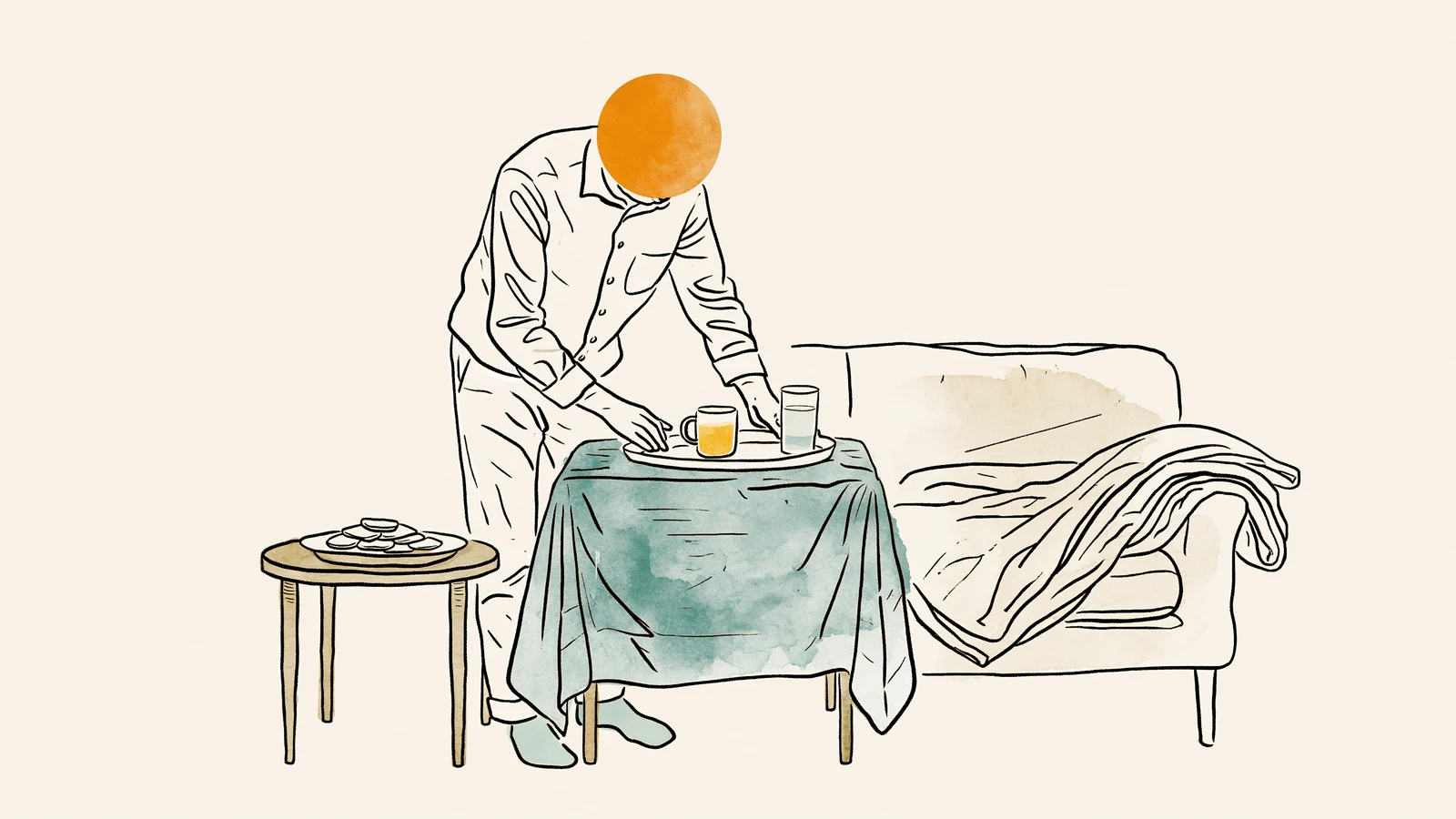 A partner setting ginger tea and water within reach to help with period nausea