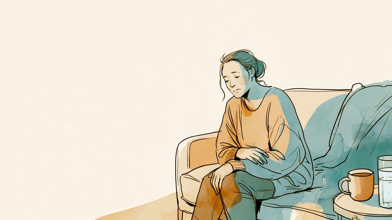A woman resting on the couch with a hand near her stomach during period nausea, tea and water beside her