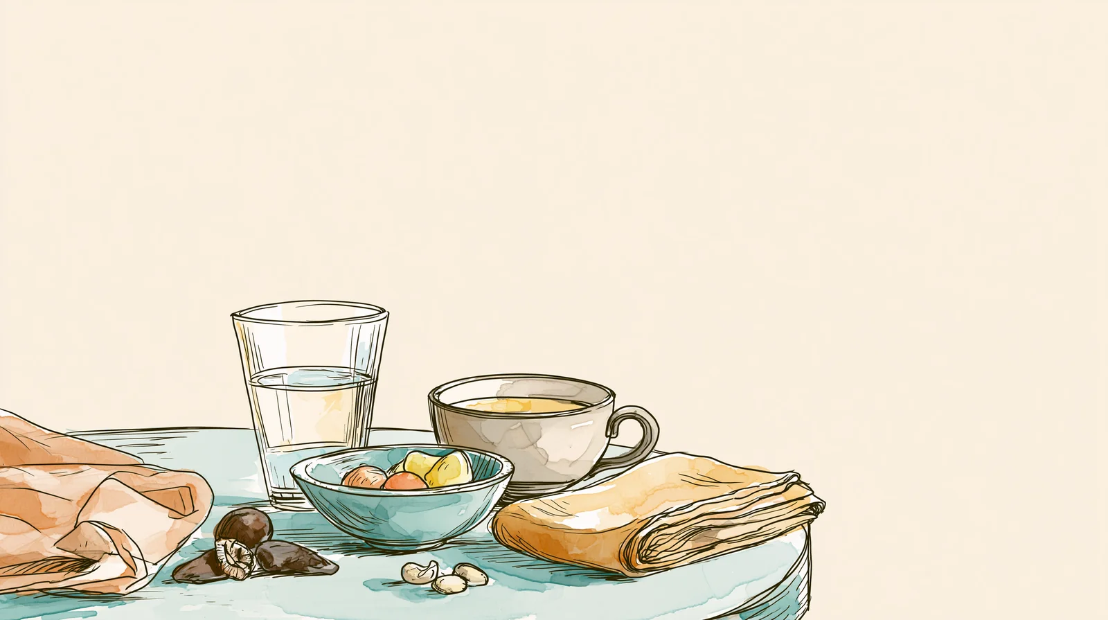 Still life of water, fruit and tea for the heavy days of period constipation