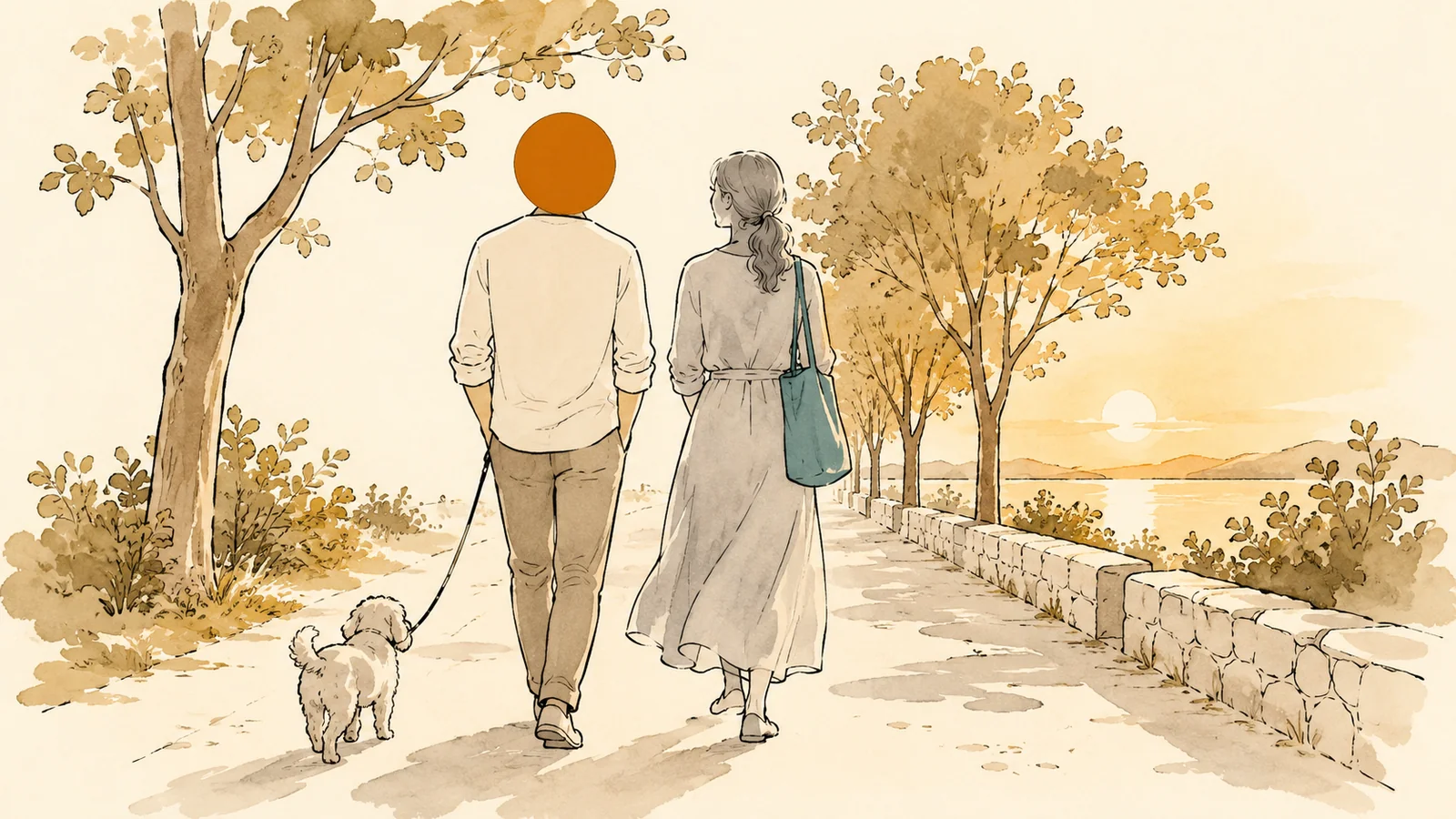 Couple taking an easy evening walk to ease period constipation