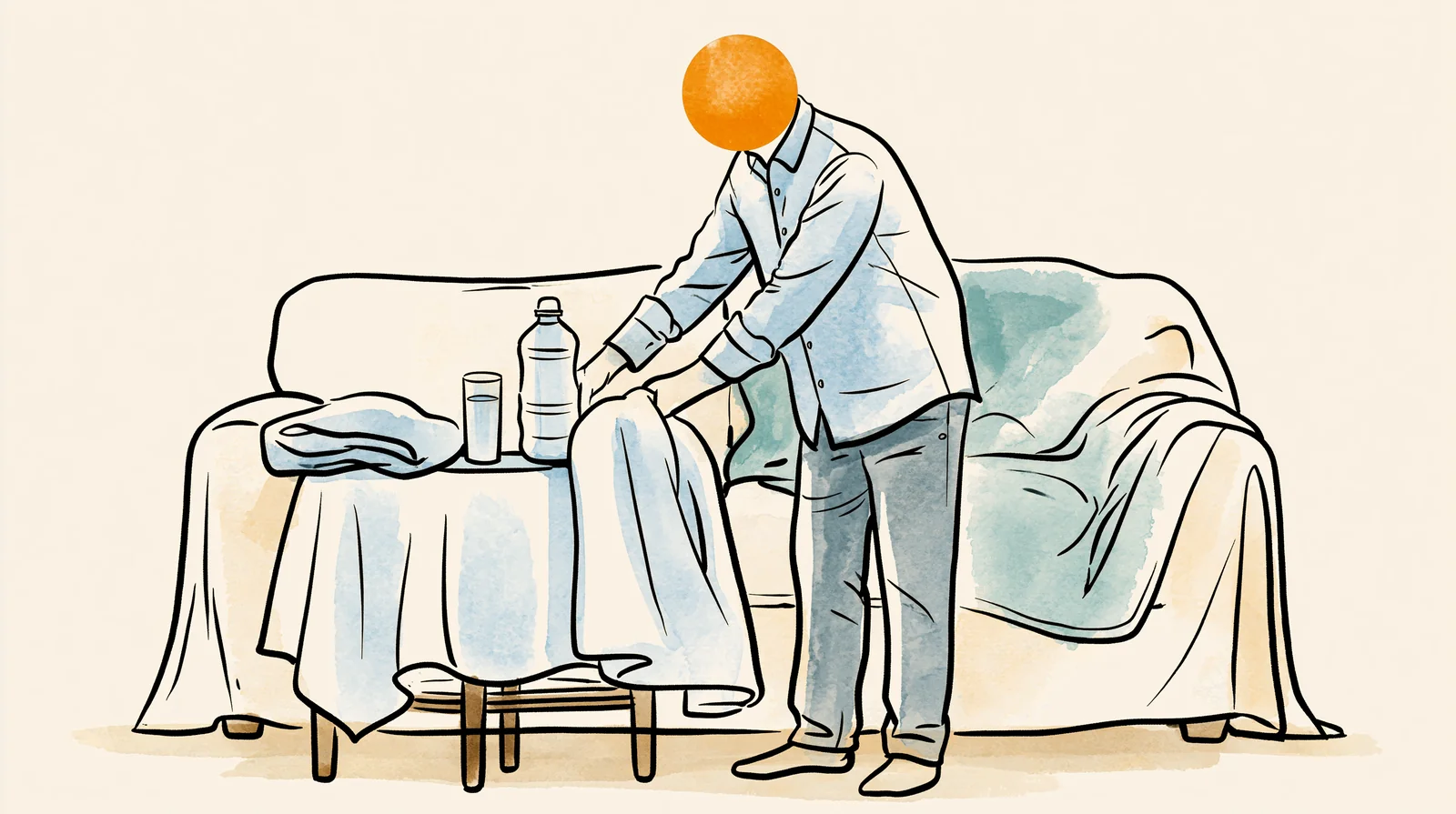 Partner setting water within reach to help with period constipation