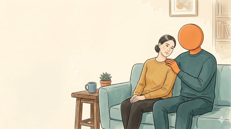 A partner sitting close on the couch with a steadying hand on her shoulder, comforting her through period anxiety