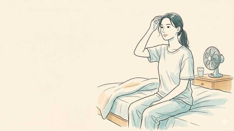 A woman sitting up in bed cooling down from period night sweats with a fan and water nearby