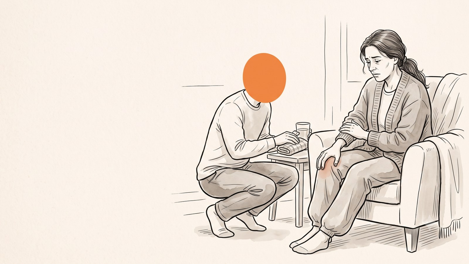 Period joint pain: she eases into a chair holding her aching knee while her partner brings a warm compress and water