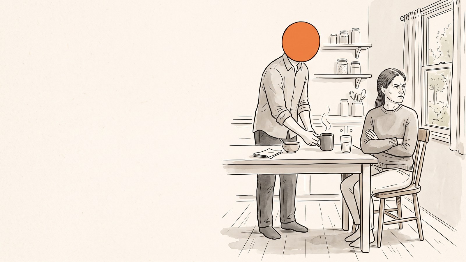 Period rage: she sits tense with arms folded in her premenstrual week while her partner quietly sets a warm mug within reach
