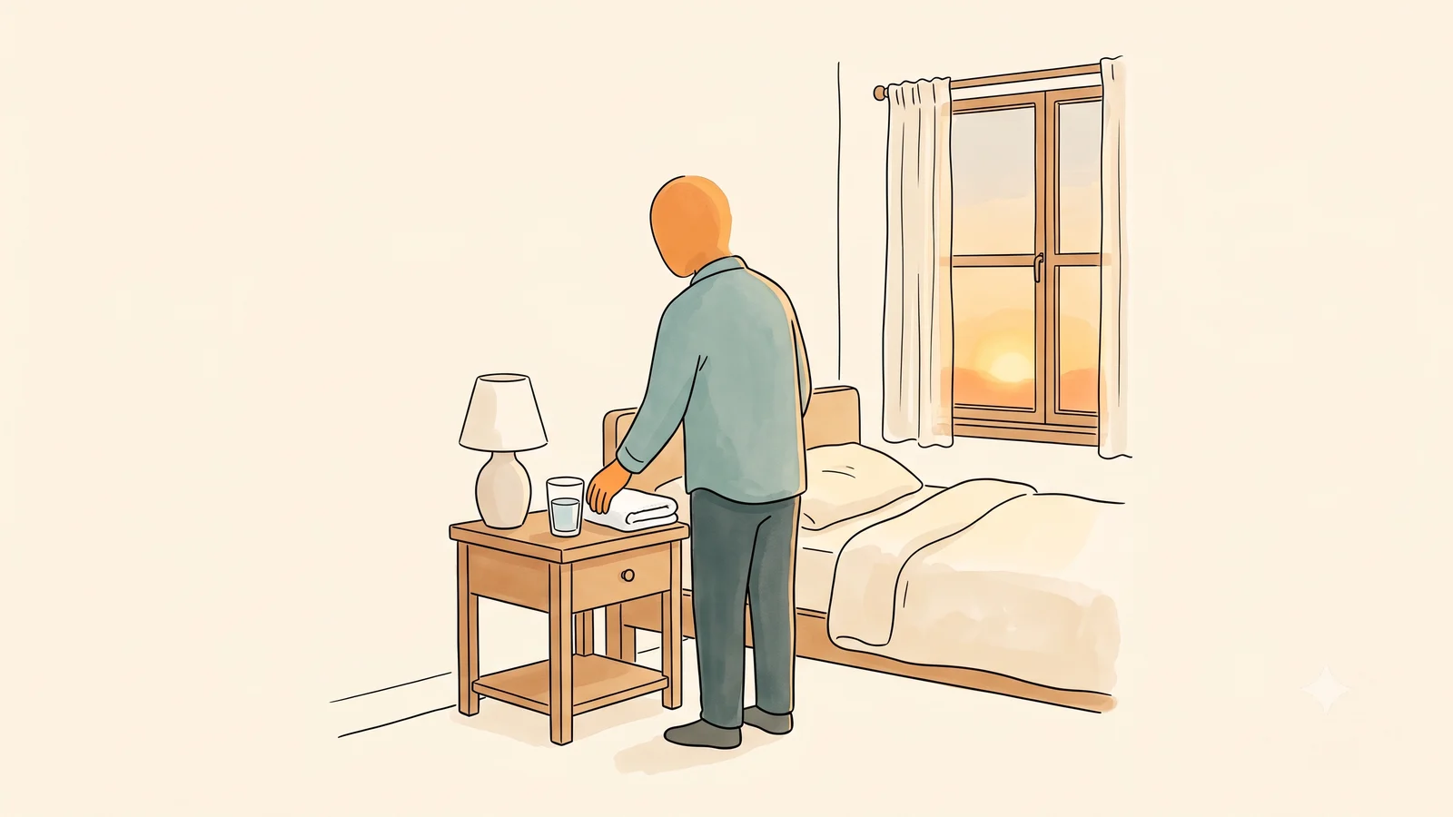 A man setting water and supplies on the nightstand for her at dusk