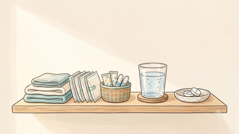 A restocked bathroom shelf with menstrual supplies and a glass of water ready for a heavy period day