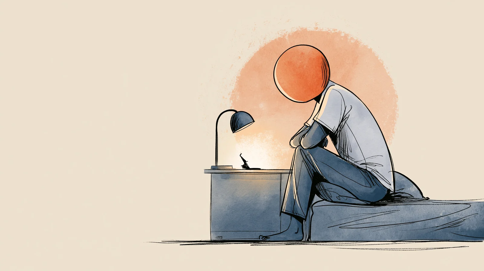 A man sitting on the edge of the bed at night checking his phone while his partner sleeps, during the period flu window