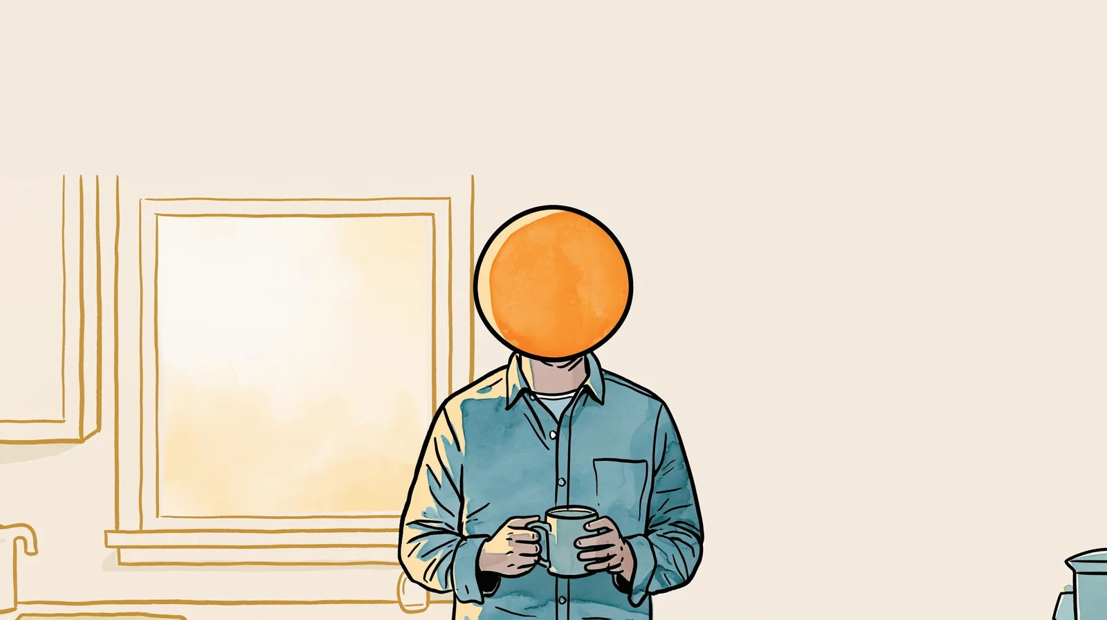 A man standing in the kitchen holding a mug, thinking about his partner who has period flu symptoms