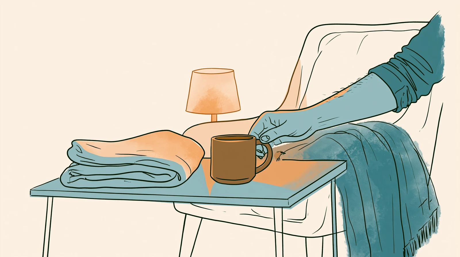 A hand setting out a warm mug and a folded blanket to make the foggy week easier
