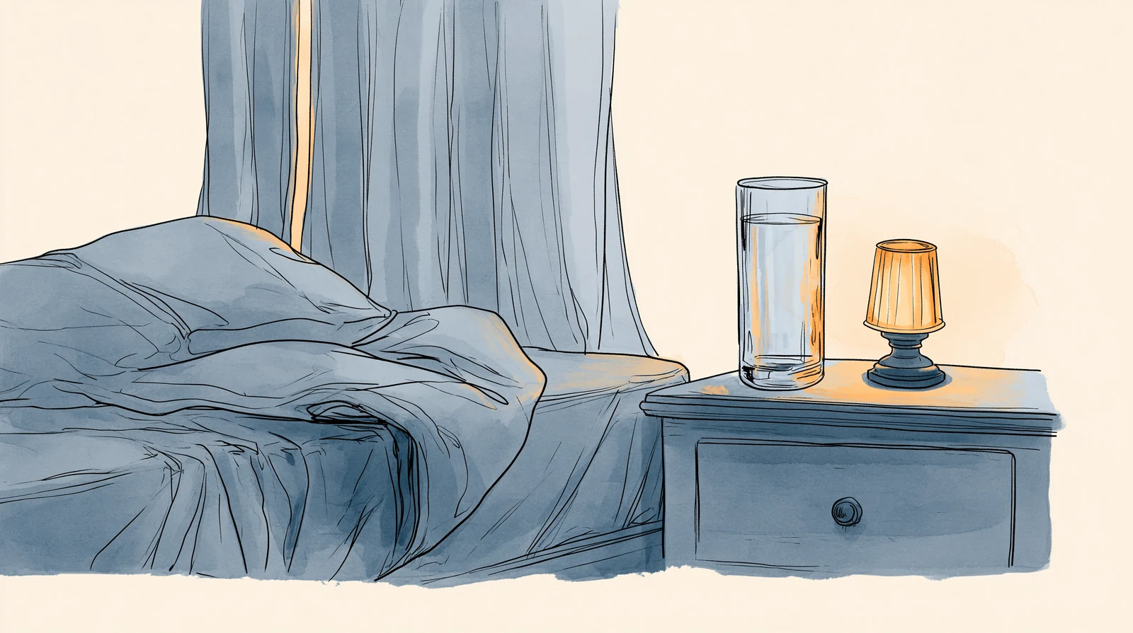 Calm bedroom at dawn with a glass of water and lamp, protecting sleep during the foggy week
