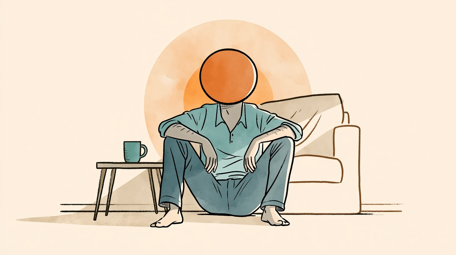 A man sitting calmly at home, the quiet steady presence of a supportive partner