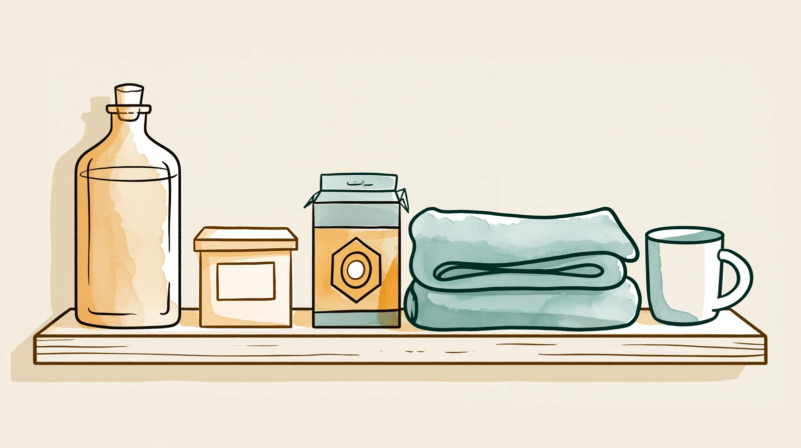 A shelf stocked with a hot water bottle, tea and a blanket to support her on her period