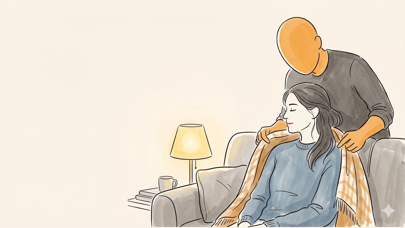Partner draping a warm blanket over a woman with period chills on the couch
