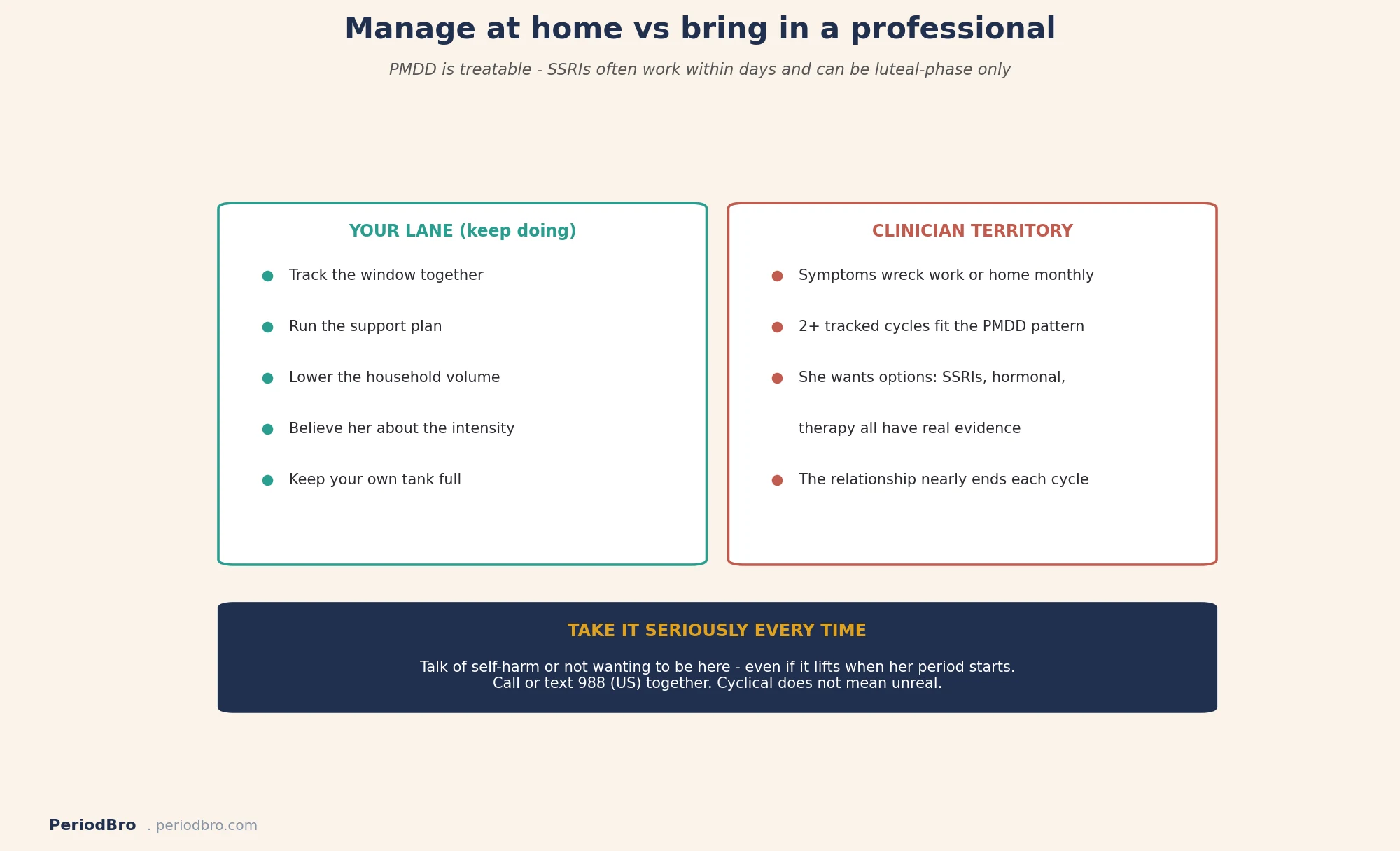 When to manage at home vs get professional help to support a partner with PMDD, with the crisis red flag