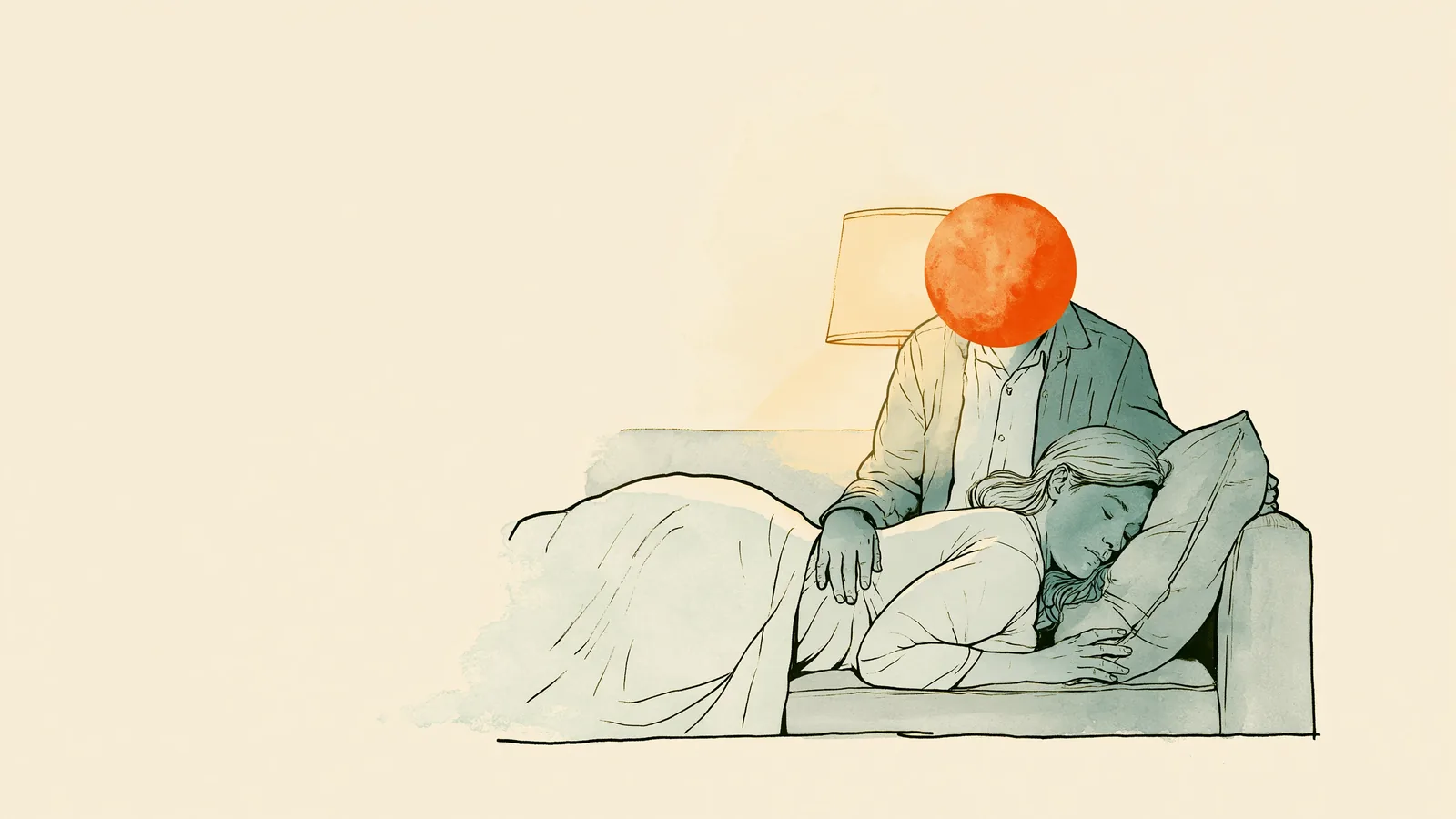 A partner adjusting the blanket to help her sleep with period cramps