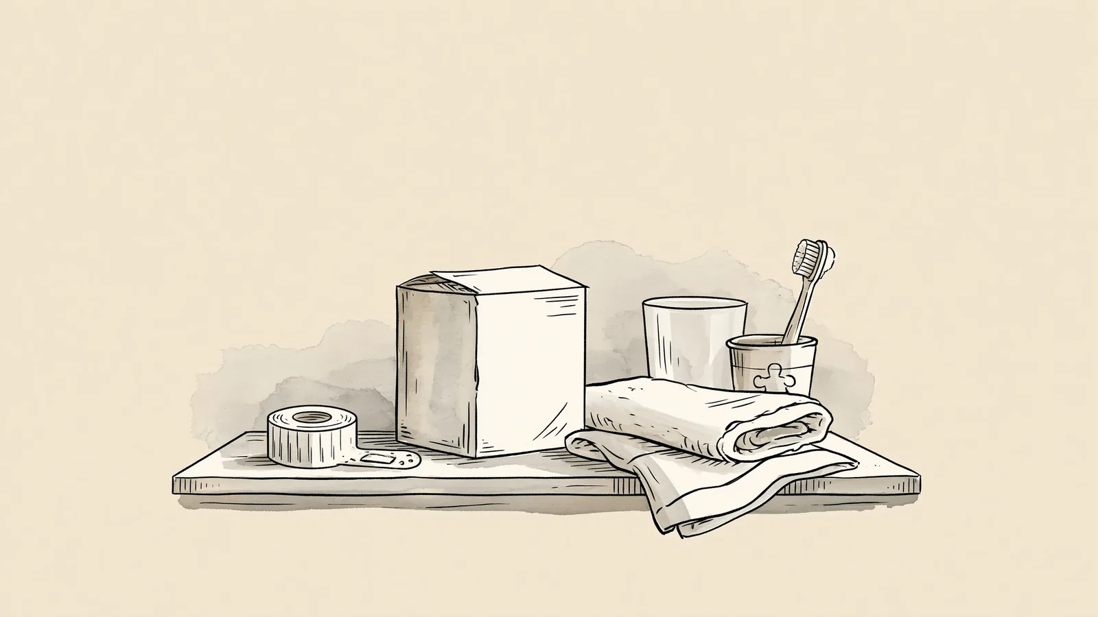 talk to your son about periods: a bathroom shelf with a plain box, plasters, a towel and a toothbrush